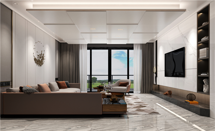  將客廳集成吊頂四周做厚，中間部分做薄，這樣，形成了明顯的分層特性。